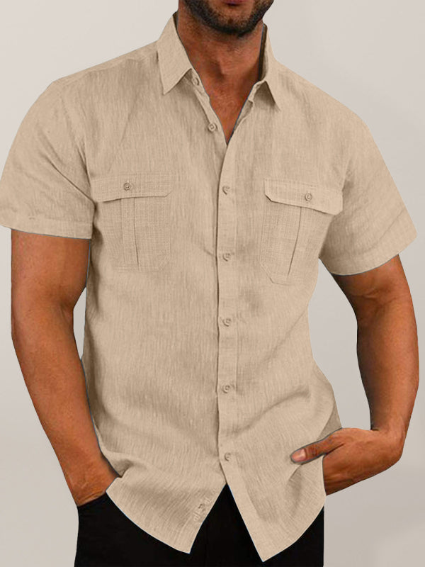 Men's Solid Color Double Pocket Short Sleeve Shirt Top