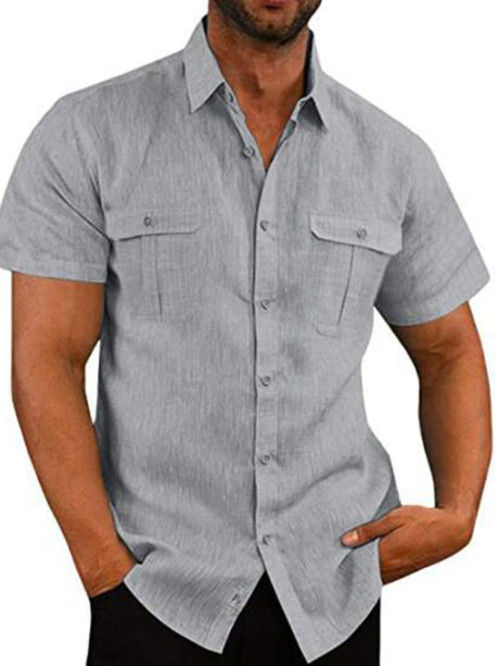 Men's Solid Color Double Pocket Short Sleeve Shirt Top
