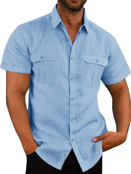 Men's Solid Color Double Pocket Short Sleeve Shirt Top