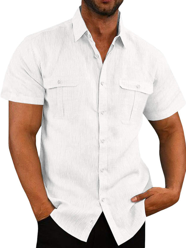 Men's Solid Color Double Pocket Short Sleeve Shirt Top