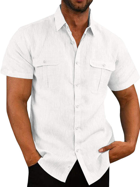 Men's Solid Color Double Pocket Short Sleeve Shirt Top