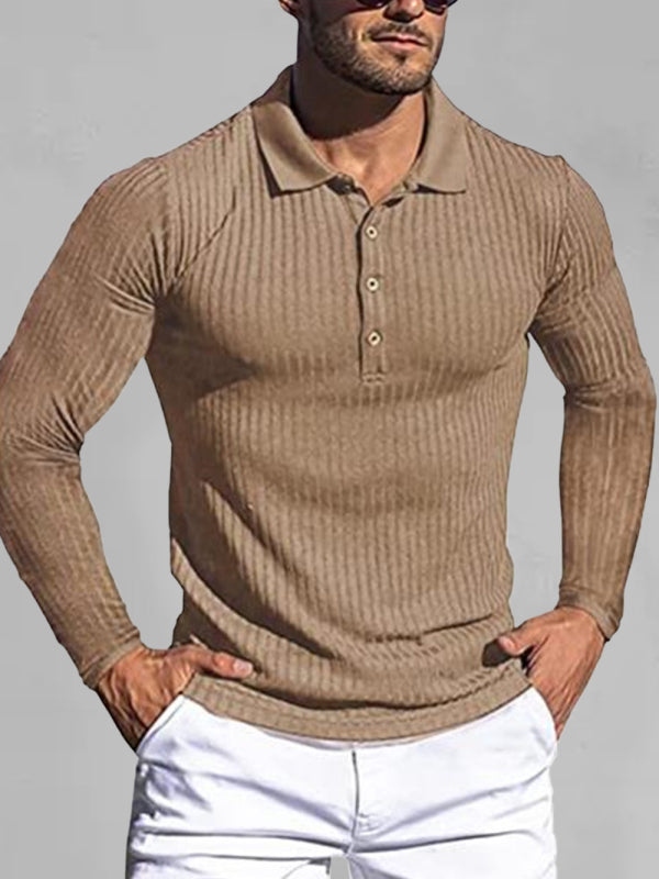 New Men's High Elastic Vertical Strip Long Sleeve POLO Shirt Slim Knit Bottom Shirt Polo Shirt