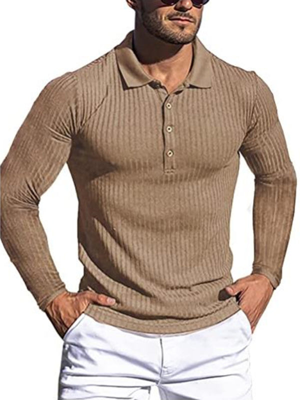 New Men's High Elastic Vertical Strip Long Sleeve POLO Shirt Slim Knit Bottom Shirt Polo Shirt