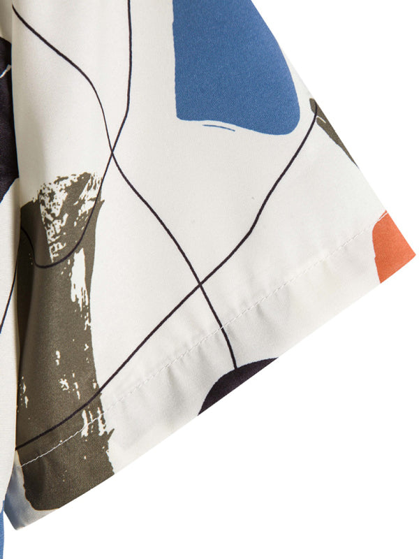 White Graffiti Print Lapel Cotton Slim Fit Men's Shirt
