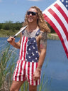 Unisex American Flag Graphic Print Denim Overall Shirt Jeans