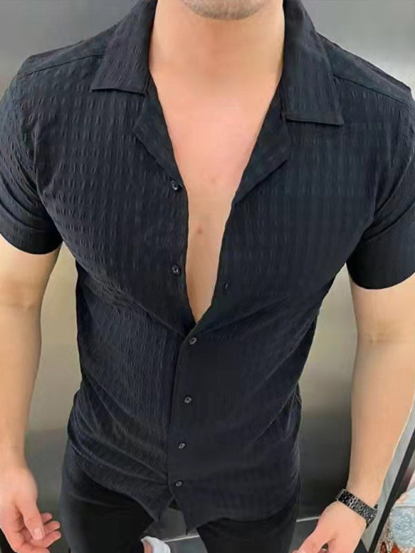 Men's Solid Color Texture Short Sleeve Button-Down Shirt