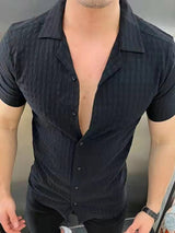 Men's Solid Color Texture Short Sleeve Button-Down Shirt