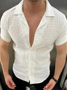 Men's Solid Color Texture Short Sleeve Button-Down Shirt