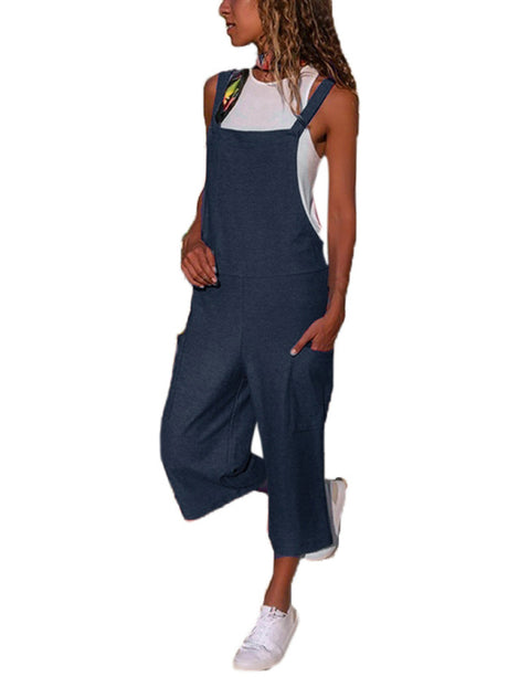 Solid Color Cotton Linen Casual Loose Long Wide Leg Jumpsuit Suspenders Straps Back Pants