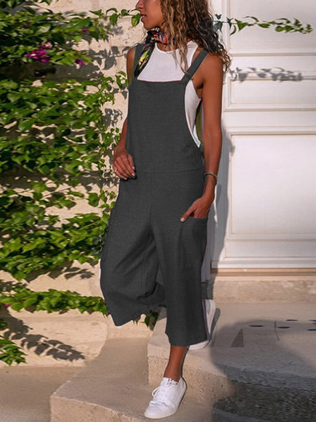 Solid Color Cotton Linen Casual Loose Long Wide Leg Jumpsuit Suspenders Straps Back Pants