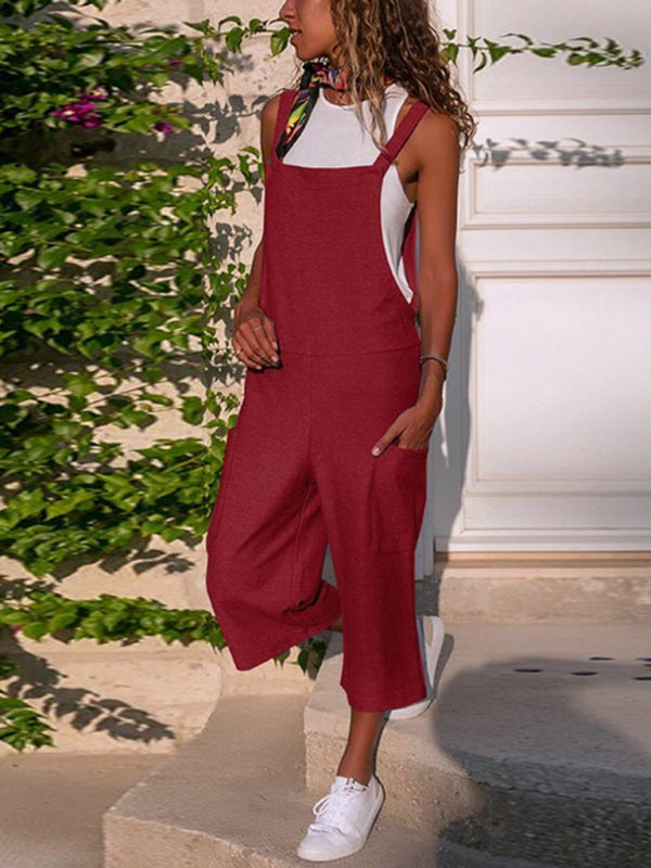 Solid Color Cotton Linen Casual Loose Long Wide Leg Jumpsuit Suspenders Straps Back Pants