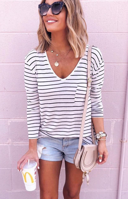 Women's Striped Bottoming Shirt Top Leaning Long-Sleeved T-Shirt