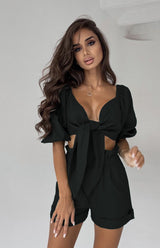 Women's Fashion Sexy Cotton Linen Cardigan Top Pocket Shorts Casual Suit