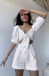 Women's Fashion Sexy Cotton Linen Cardigan Top Pocket Shorts Casual Suit