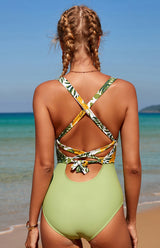 Women's Sexy Print Deep V Gathered Cross Strap Backless One Piece Swimsuit