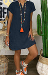 Women's Solid Color Split Neckline Linen Blend Dress