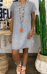 Women's Solid Color Split Neckline Linen Blend Dress