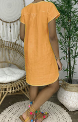 Women's Solid Color Split Neckline Linen Blend Dress