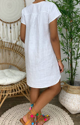 Women's Solid Color Split Neckline Linen Blend Dress