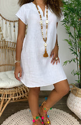 Women's Solid Color Split Neckline Linen Blend Dress