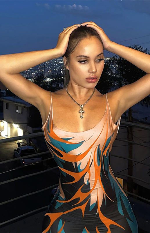 Sexy Cutout Sling Backless Print Slim Fit Maxi Dress