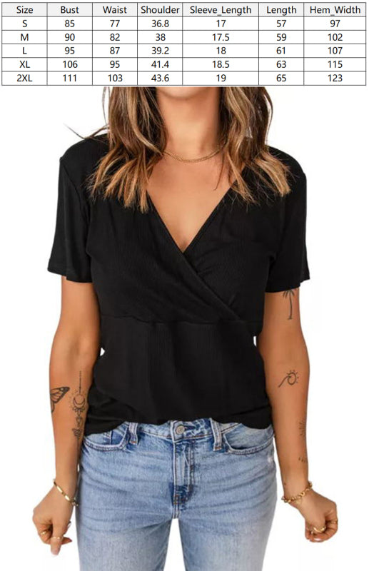 Women's Pleated V-Neck Rib Knit Casual T-Shirt