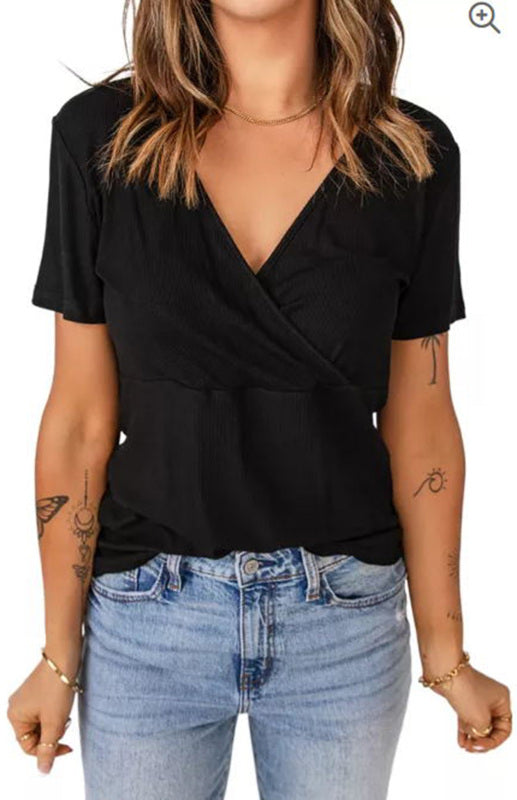 Women's Pleated V-Neck Rib Knit Casual T-Shirt