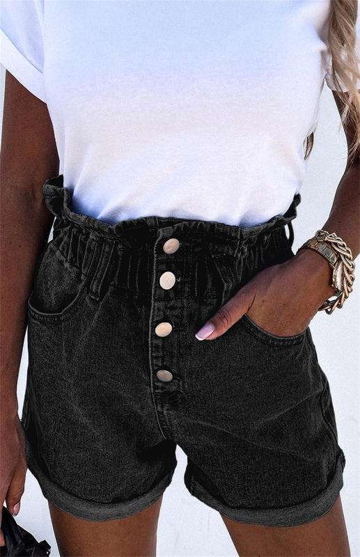 Women's Gray Ruffled High Waist Buttoned Denim Shorts