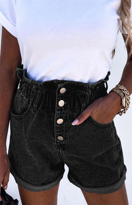 Women's Gray Ruffled High Waist Buttoned Denim Shorts