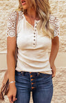 Women's Round Neck Button Half Placket Panel Lace Short Sleeve Top