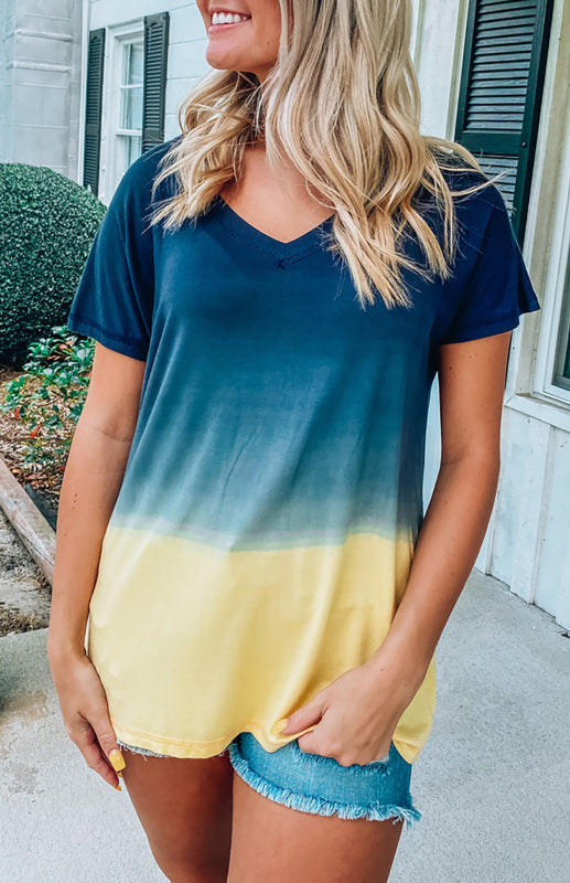 Women's Blue Gradient Block V-Neck T-Shirt