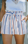 Women's Striped Print Ruffled Belted High Waist Shorts