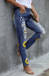 Leopard Patchwork Sunflower Print Distressed High Waist Jeans