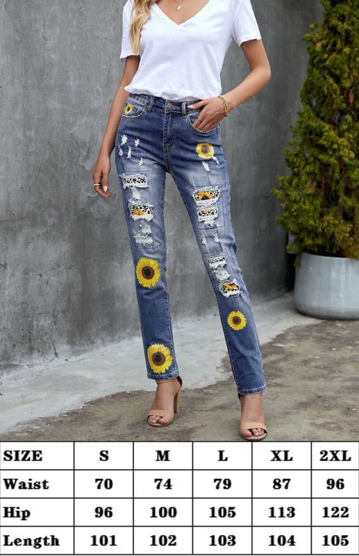 Leopard Patchwork Sunflower Print Distressed High Waist Jeans