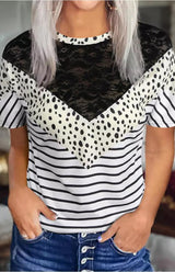 White Chevron Colorblock Lace Leopard Striped Print Short Sleeve Top