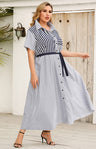 Women's Striped Short Sleeve Shirt Collar Dress