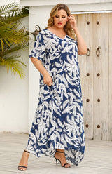 Women's V-Neck Feather Short Sleeve Long Dress