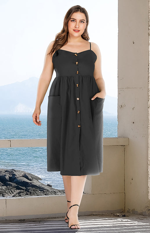 Women's Button Pocket Solid Color Slip Dress