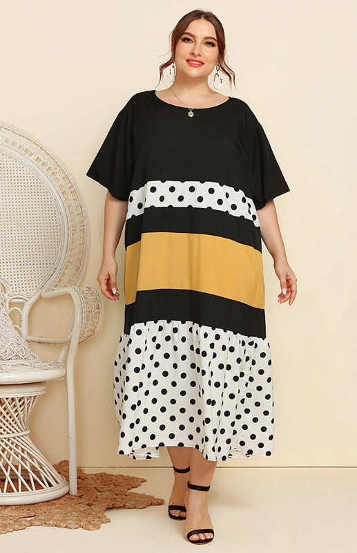 Women's Polka Dot Colorblock Round Neck Long Dress