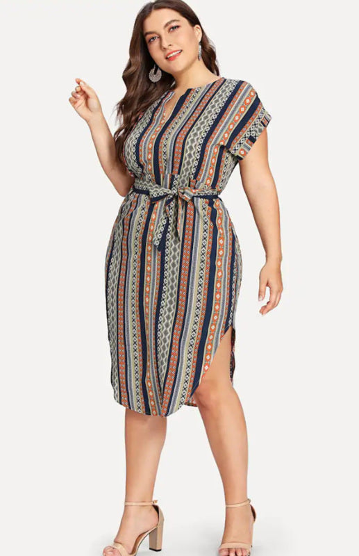 Women's Plus Size Striped V-Neck Short Sleeve Dress