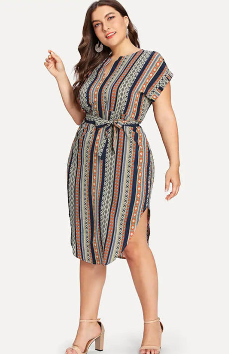 Women's Plus Size Striped V-Neck Short Sleeve Dress