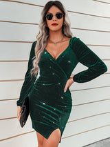 Women's sexy hip wrap skirt fashion V-neck velvet dress
