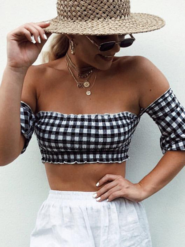 Women's word -shoulder flared sleeve grid tube top top