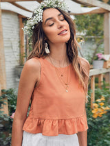Women's sleeveless lotus leaf edge hem pure color round neck top