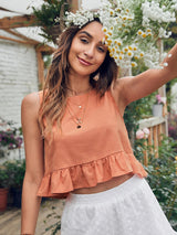 Women's sleeveless lotus leaf edge hem pure color round neck top