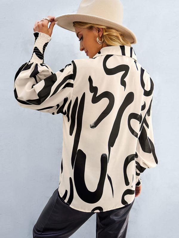 Women’s Loose Fit Button Up Floral Blouse With Folded Collar And Ruffle Scrunched Sleeves