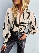 Women’s Loose Fit Button Up Floral Blouse With Folded Collar And Ruffle Scrunched Sleeves