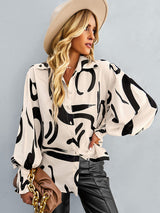 Women’s Loose Fit Button Up Floral Blouse With Folded Collar And Ruffle Scrunched Sleeves
