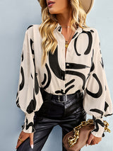 Women’s Loose Fit Button Up Floral Blouse With Folded Collar And Ruffle Scrunched Sleeves