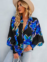 Women’s Loose Fit Button Up Floral Blouse With Folded Collar And Ruffle Scrunched Sleeves